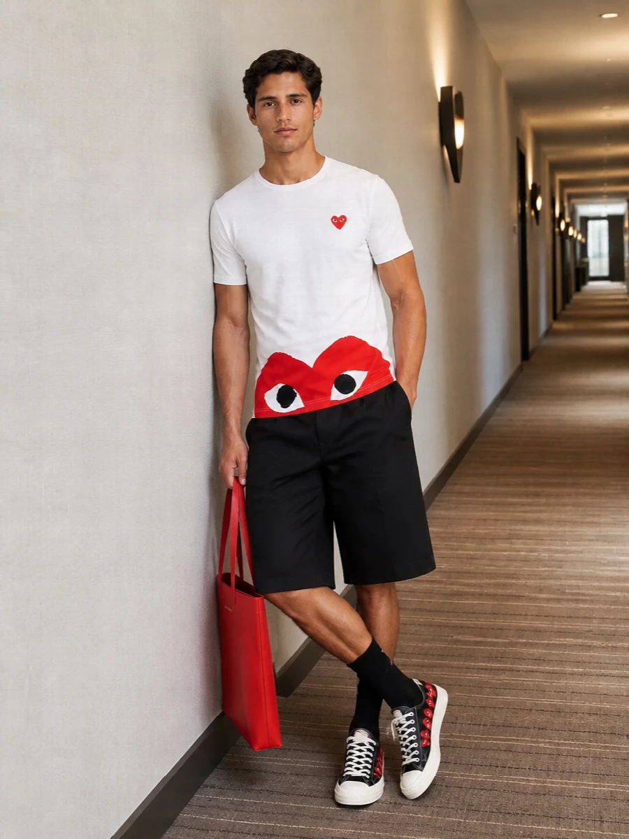 Comme des garcons play tee black tailored shorts outfit