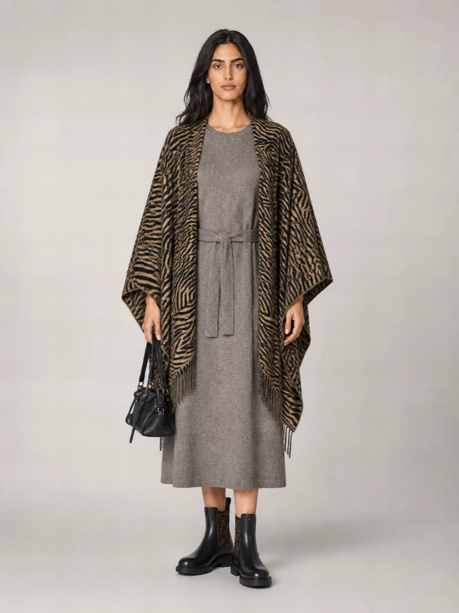 Fendi Wool Tiger-Print Fringed Poncho