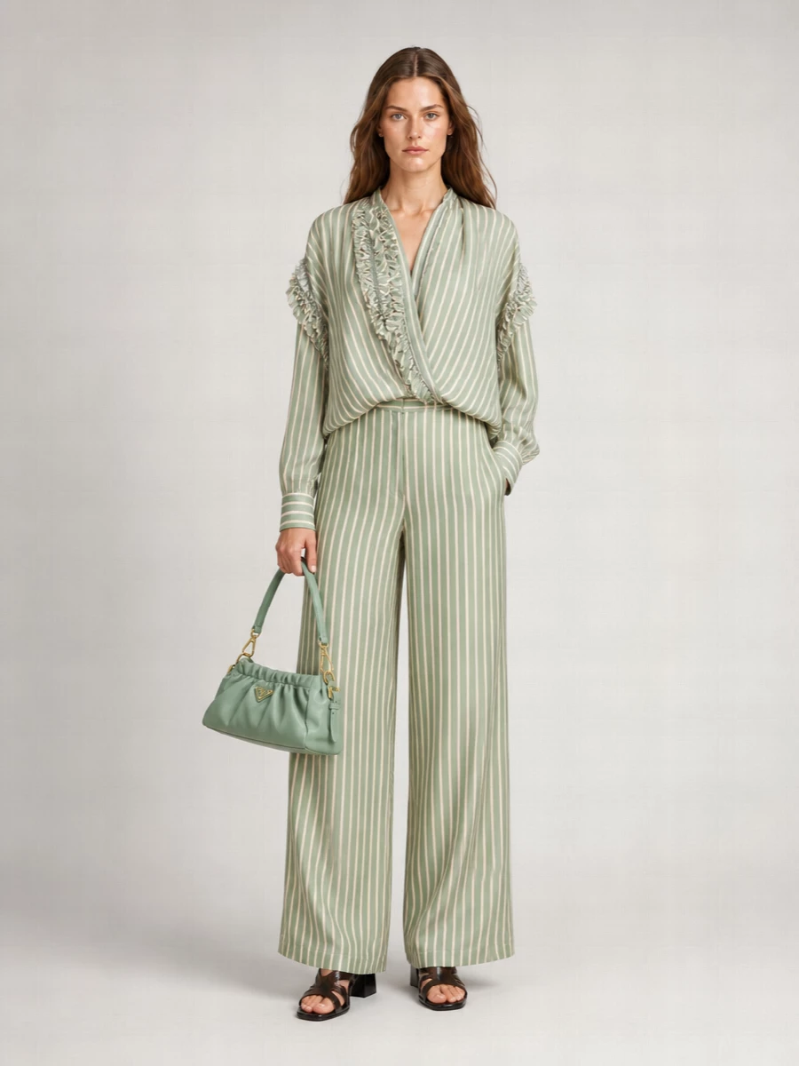 Dries Van Noten Striped Ruffled Wrap V-Neck Long-Sleeve Blouse