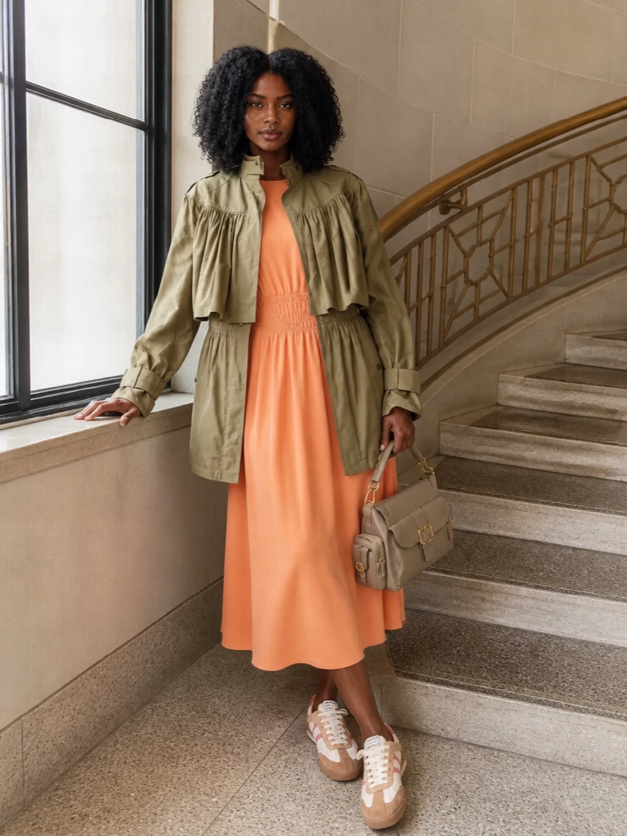 Chloe trench coat apricot midi dress outfit