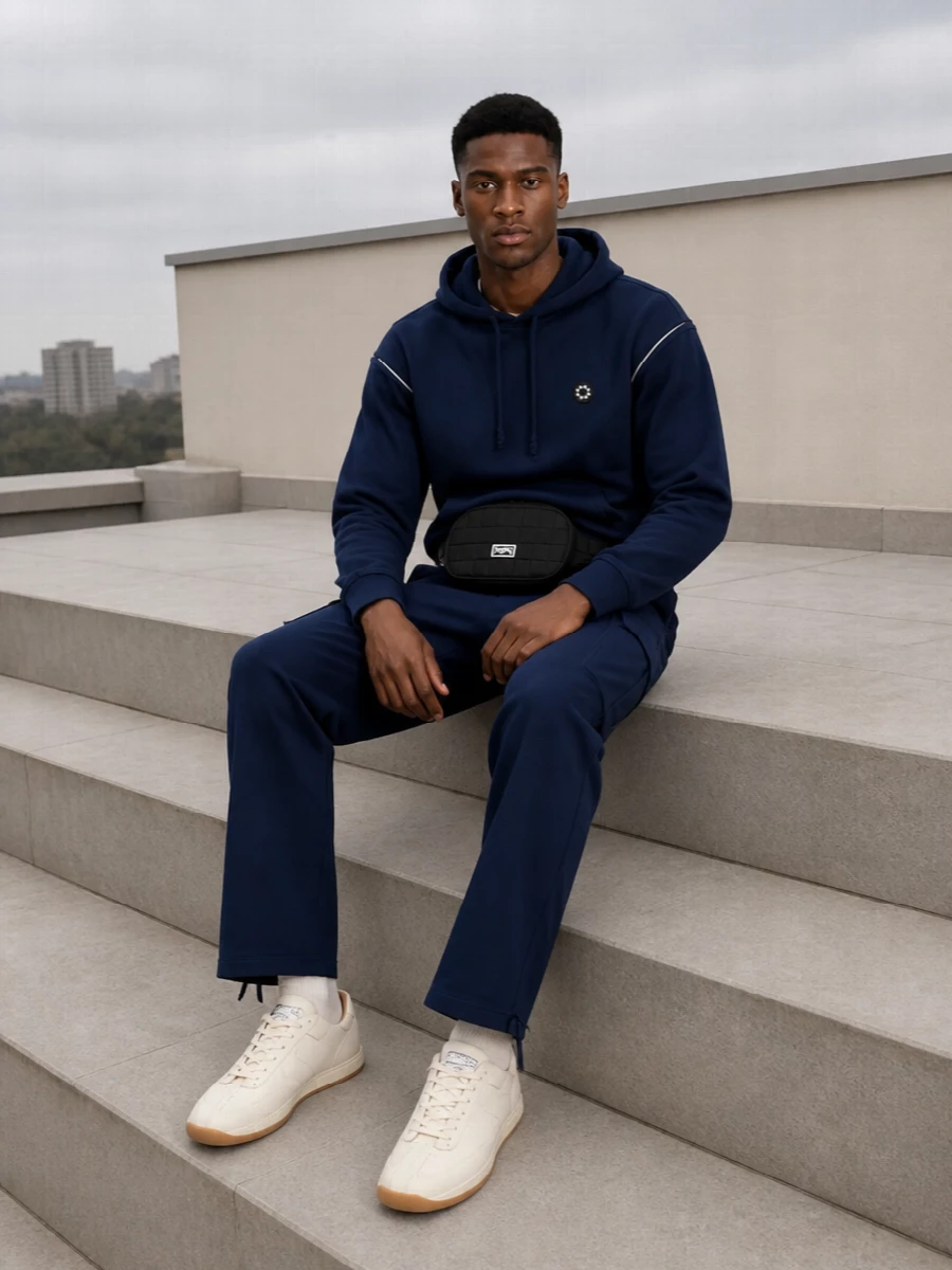 Kenzo navy hoodie cargo pants sneakers