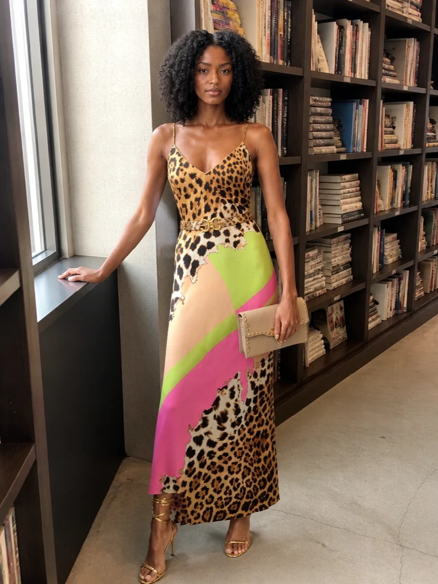 Roberto cavalli slip dress gold heels clutch