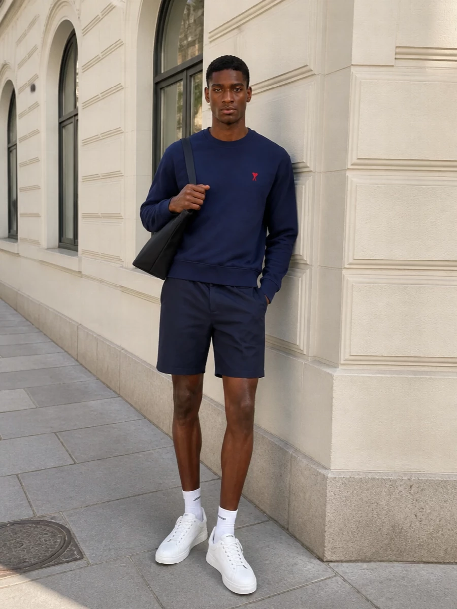 Ami paris navy sweatshirt chino shorts outfit
