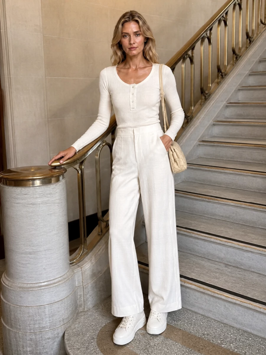 An all-ivory column built around the Chloé scoop-neck knit and tailored wide-leg trousers feels calm, precise and quietly confident. The subtle platform sneaker keeps it modern and relaxed, while the woven clutch adds just enough texture for interest without breaking the minimalism. It is an easy uniform for days when you want softness and polish in equal measure.