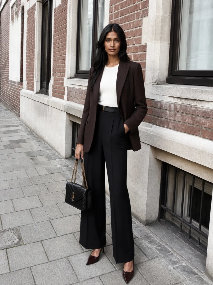 Saint Laurent power suiting, pared back to its sharpest lines. The long brown pinstripe blazer meets a high-waisted black wide leg, cinched with a slim belt, for a clean, elongated column. A chocolate slingback and structured black chain bag keep the palette rich and coherent, reading boardroom precise yet ready for dinner.