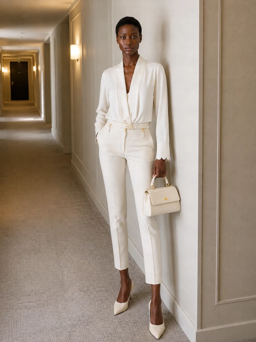 Elisabetta franchi cream trouser blouse outfit