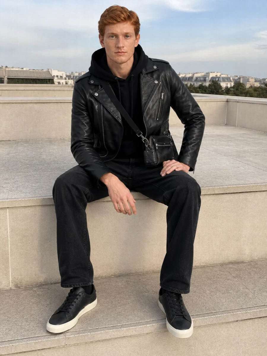 Golden goose biker jacket black jeans outfit
