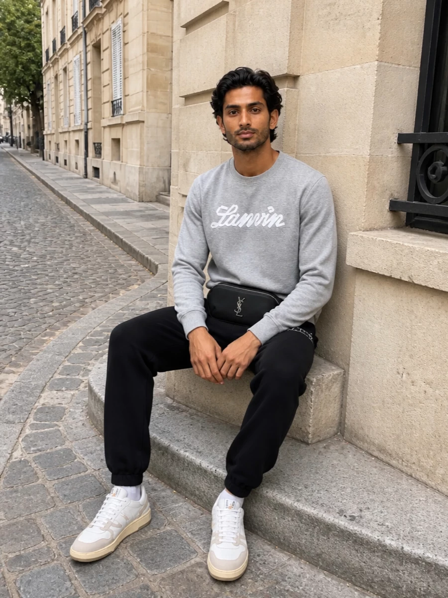 Lanvin grey sweatshirt black joggers outfit