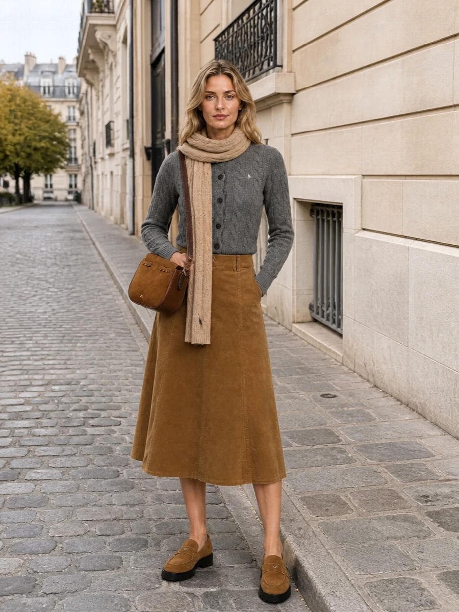 Heather grey and camel play together here for a soft, collegiate take on quiet luxury. The cable-knit cardigan sits neatly over the high-waisted corduroy midi, with the chunky camel loafers giving just enough weight at the hem. A suede shoulder bag and matching knit scarf keep the palette warm and polished without feeling fussy, ideal for city days that run long.