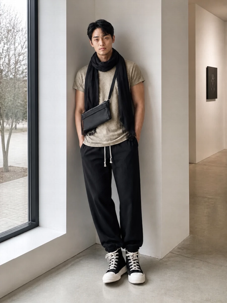 Rick owens neutral tee black trousers outfit