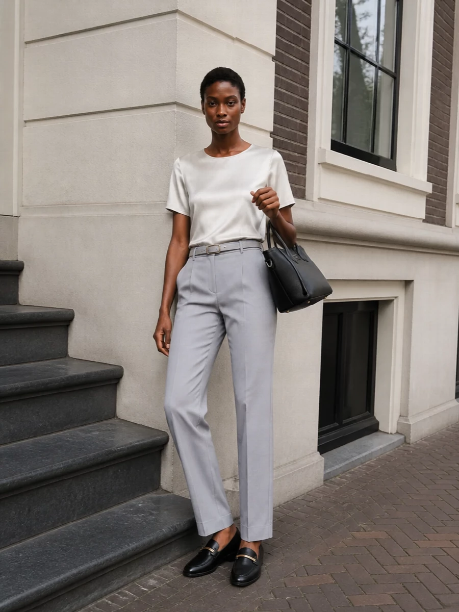 Emporio armani grey trousers black loafers outfit