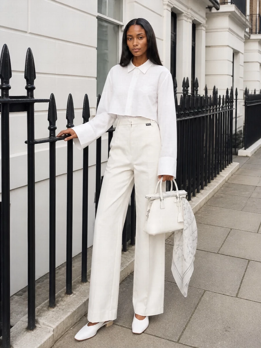 Soft white on white keeps the focus on proportion, with the cropped, long-sleeved shirt cutting cleanly against the elongated high-rise wide leg. A square-toe white slingback and structured white Margiela bag sharpen the ease, while the sketch-like silk scarf lends a quiet, conceptual finish. The result is minimal, precise and quietly confident for city days that drift into dinner.