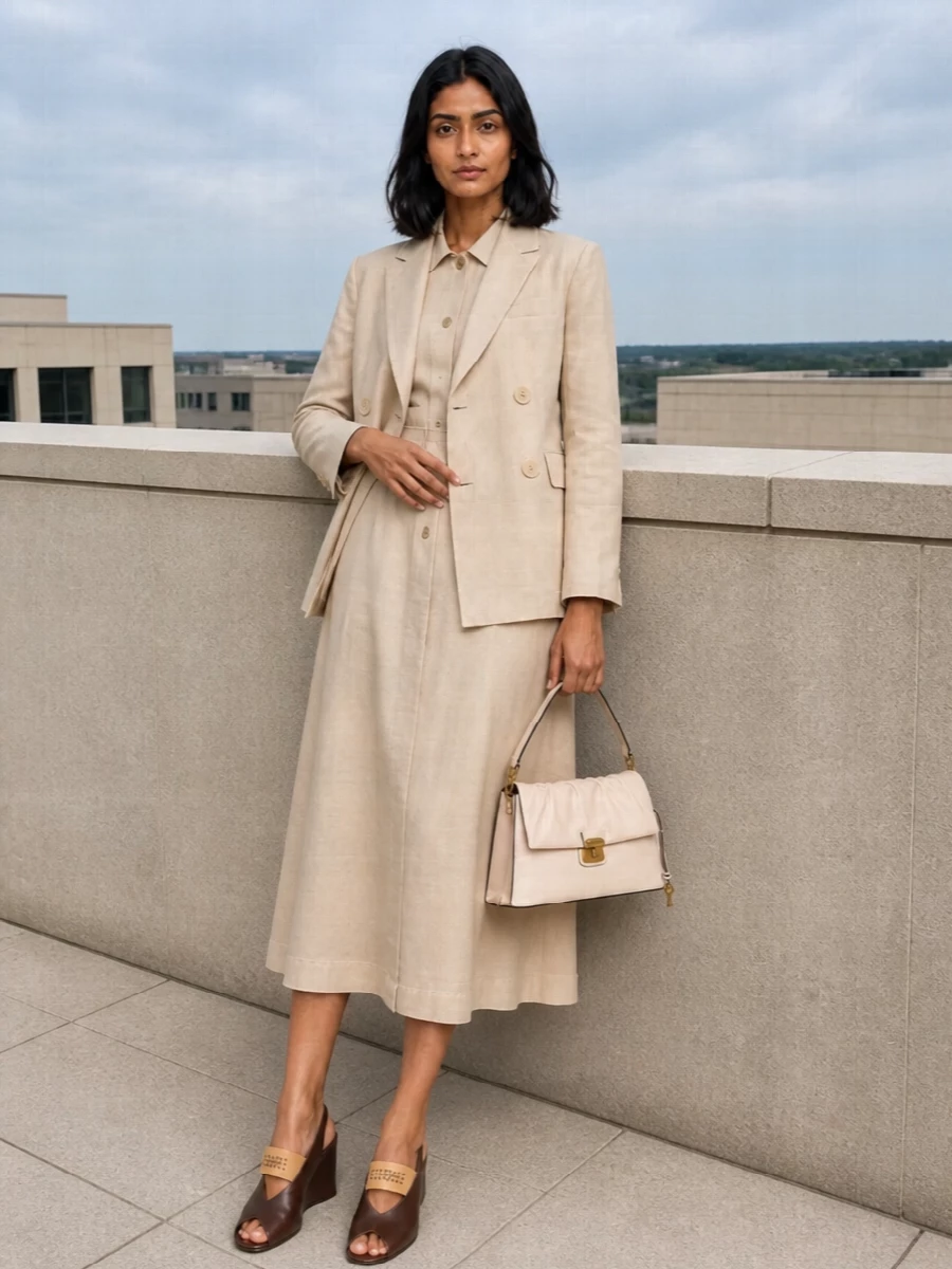 Max mara beige blazer midi dress outfit
