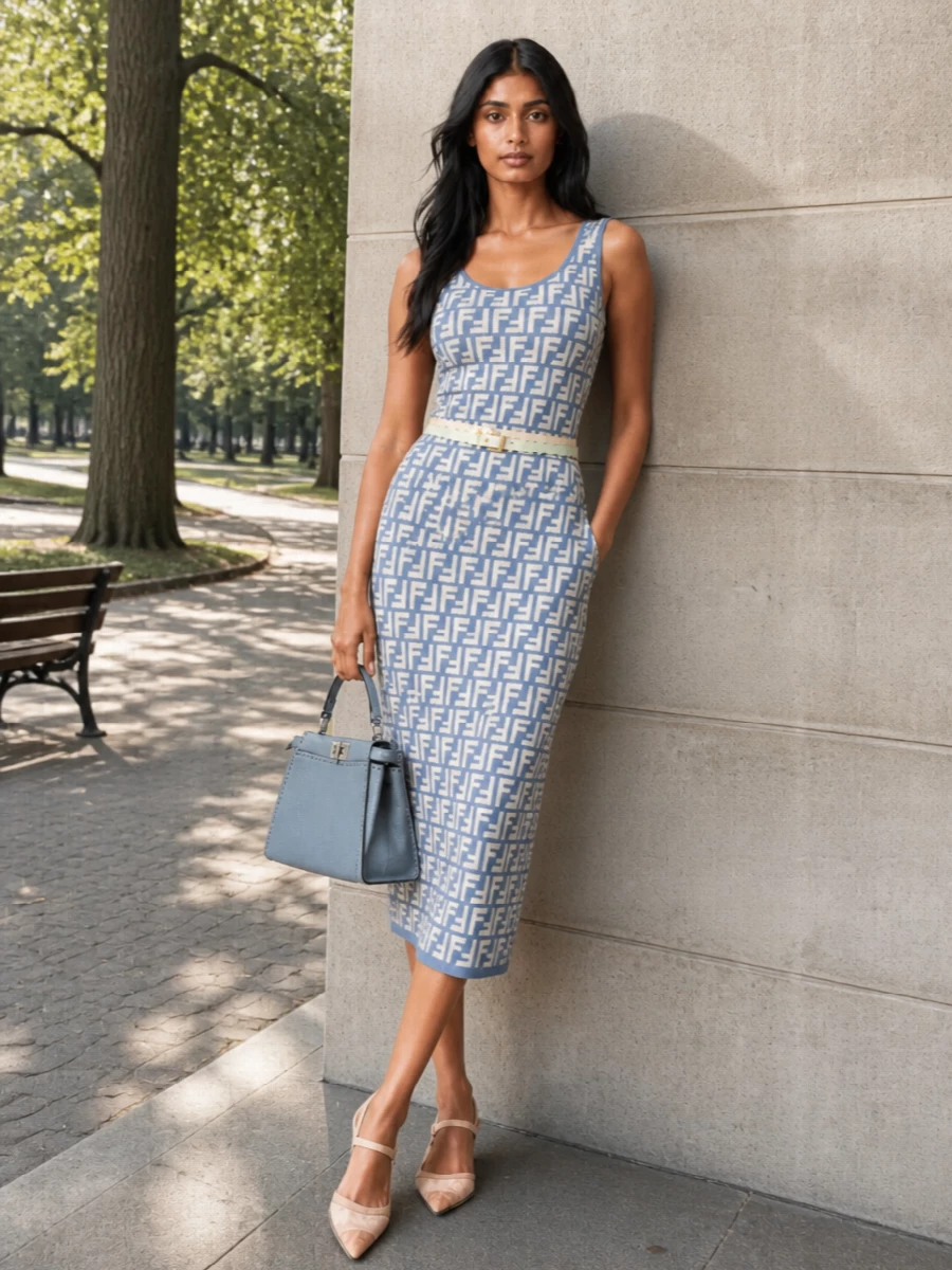 A graphic Fendi knit column is kept cool and precise with nude-blush kitten slingbacks that lengthen the leg without shouting. A dusty blue structured top-handle and a slim scalloped belt in cream and mint quietly refine the waist and echo the dress’s soft tonal palette for summer dinners and city evenings. The result is confident logo dressing that still feels restrained and architectural.