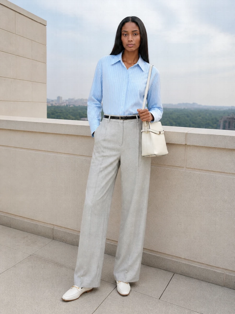 Pale blue stripes meet light stone tailoring for a quietly precise take on workday polish. The high-rise wide leg and soft loafer keep the mood relaxed yet composed, while the slim belt adds just enough structure at the waist. A restrained ivory bag finishes the palette with clean, Scandinavian clarity.