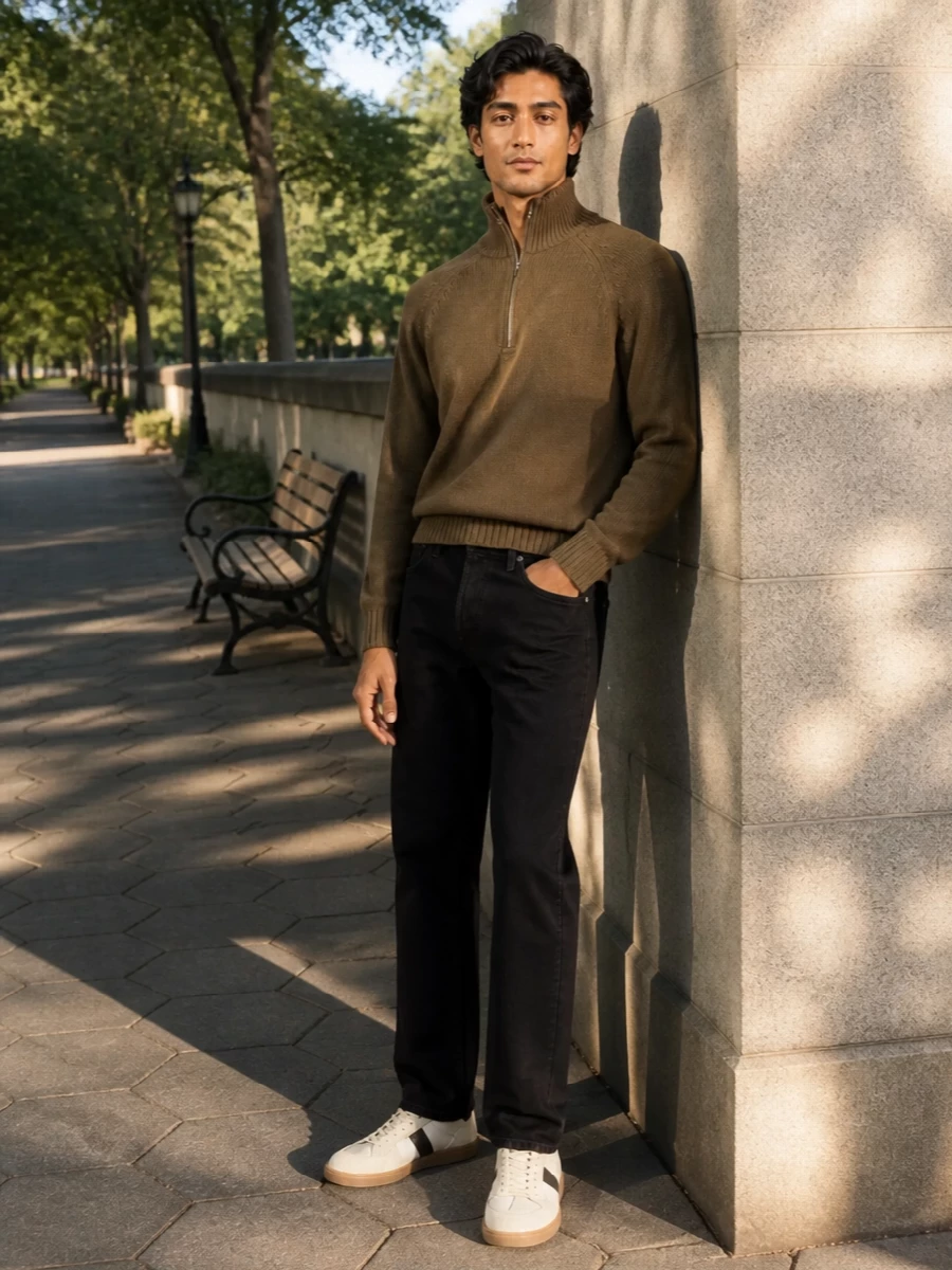 Tom ford taupe half zip black jeans sneakers