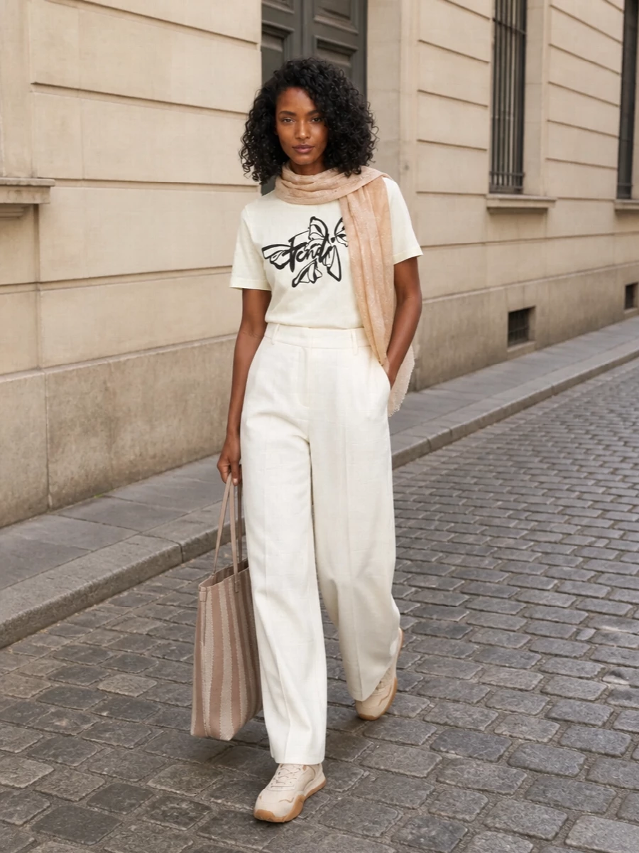 Quiet luxury wide leg trousers tee outfit