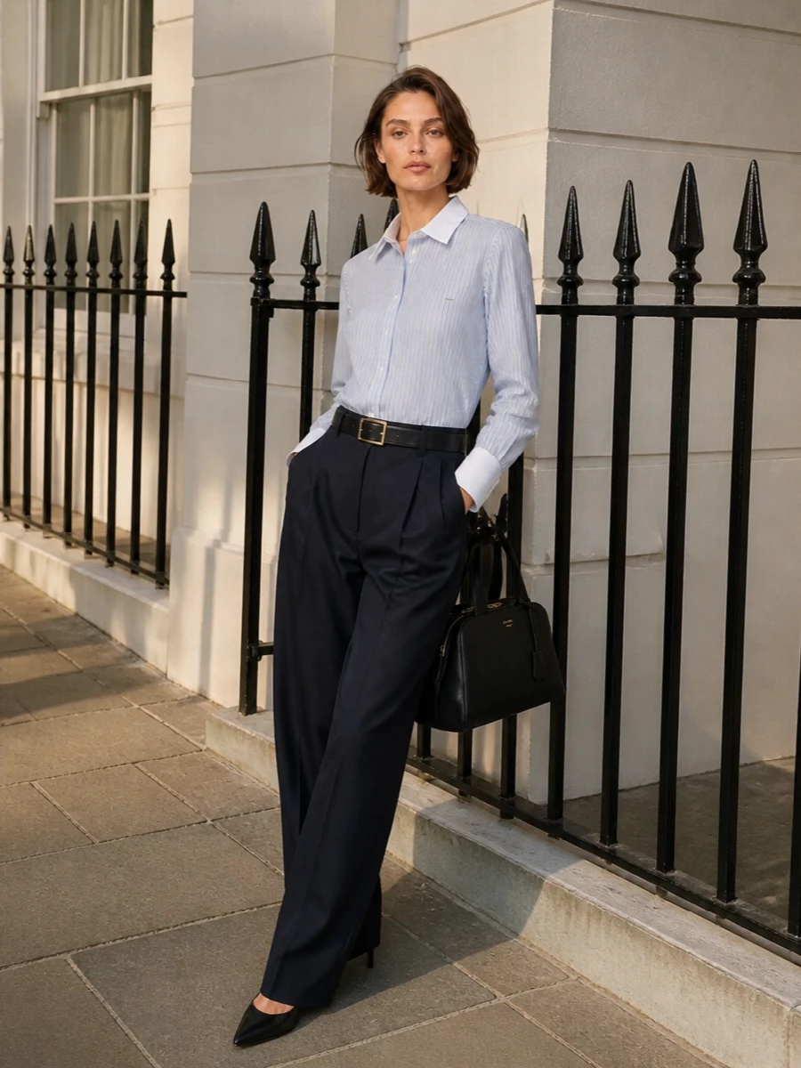 Prada striped shirt navy tailored trousers outfit
