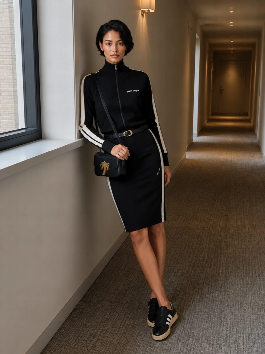 Palm angels track skirt black zip knit outfit