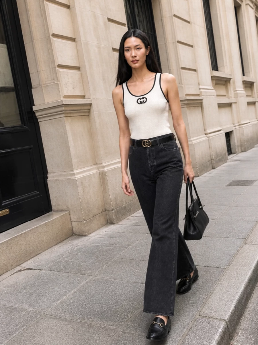 Gucci tank wide leg jeans quiet luxury outfit