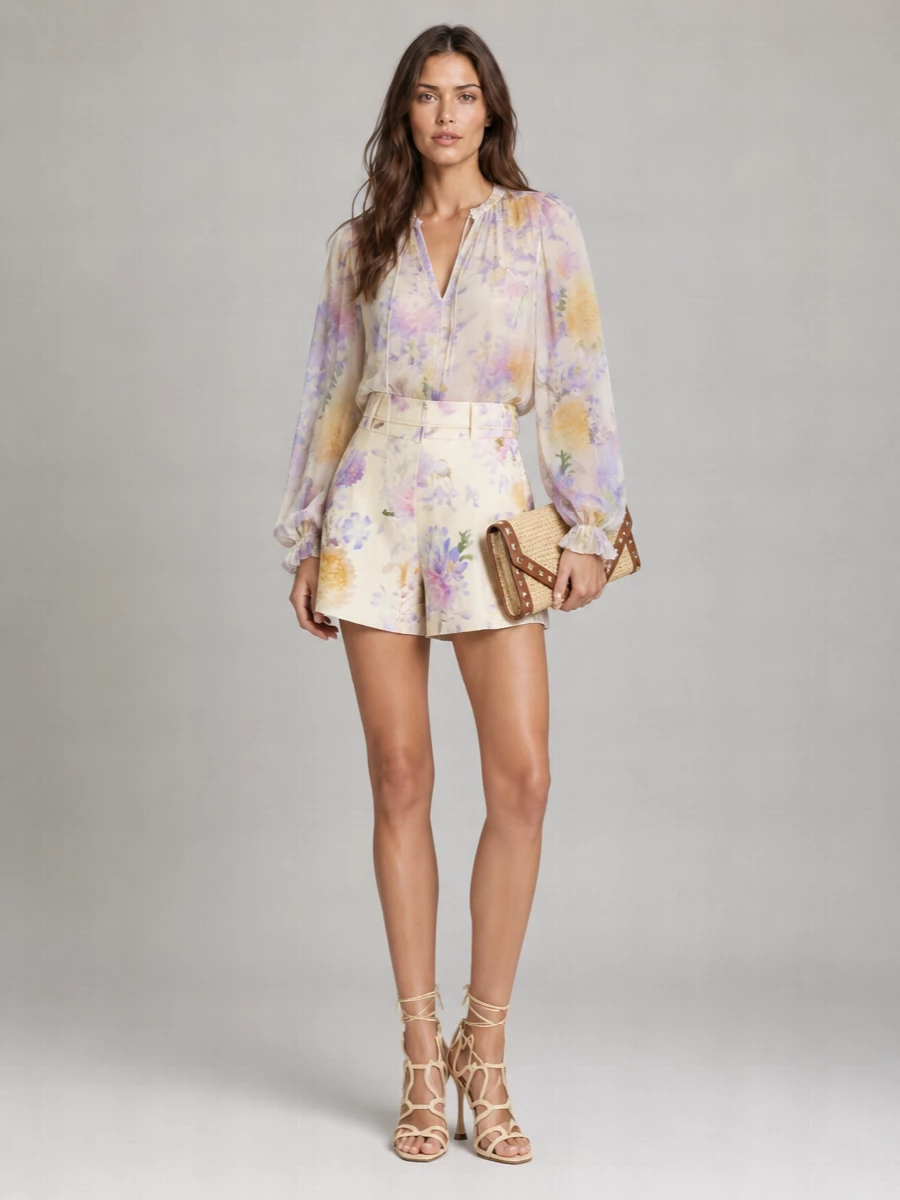Zimmermann Silk High-Rise Flared Floral-Print Tailored Shorts