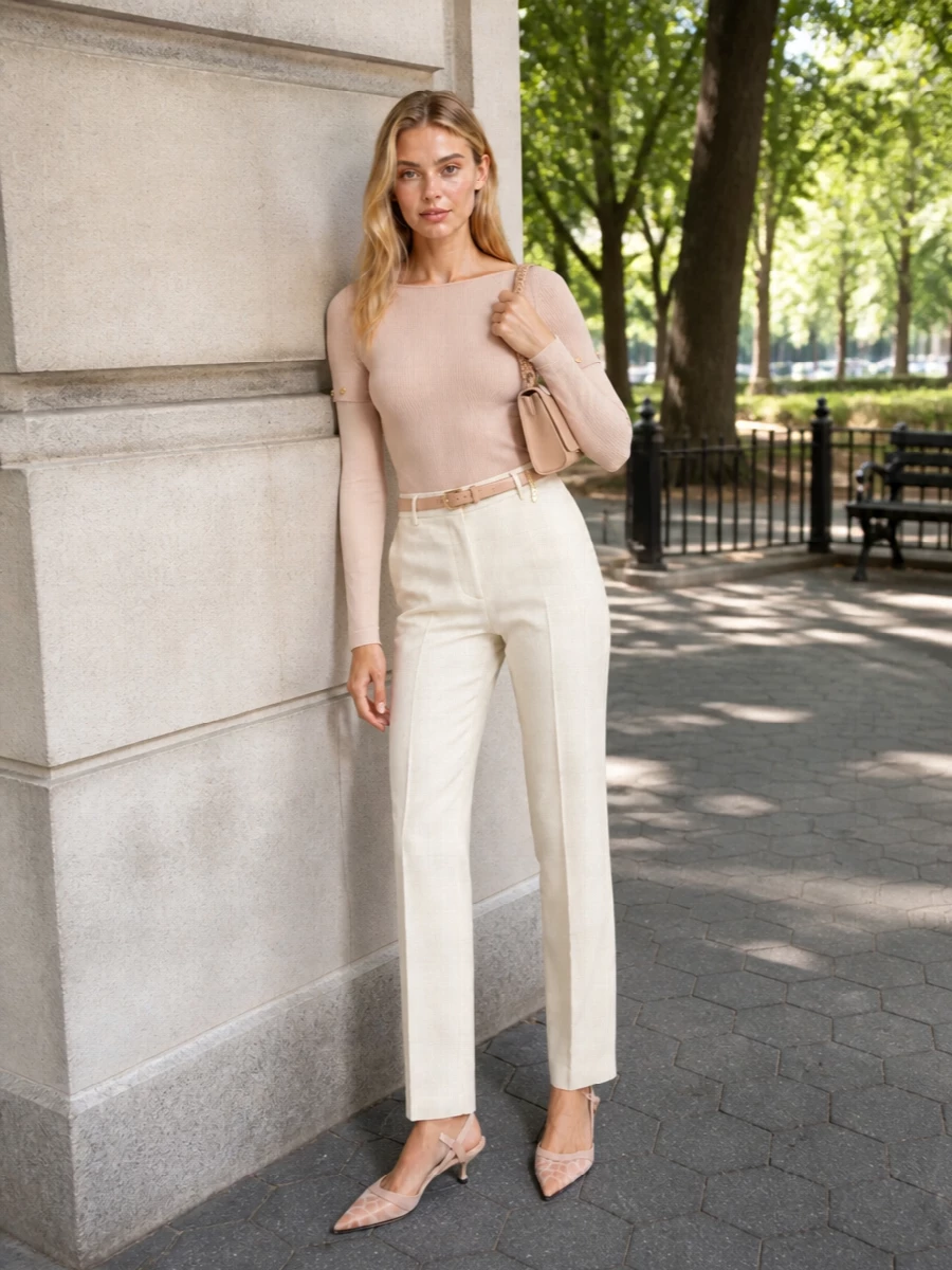 This look builds a refined tonal column around the blush Sportmax knit and creamy high-waisted trousers, letting the sheer sleeves and soft ribbing stay centre stage. Blush-nude Fendi kitten-heel slingbacks and a nude sculpted top-handle bag keep the palette whisper-soft yet elevated, while a blush belt with gold hardware echoes the top’s buttons for a quietly luxurious, day-to-dinner finish.