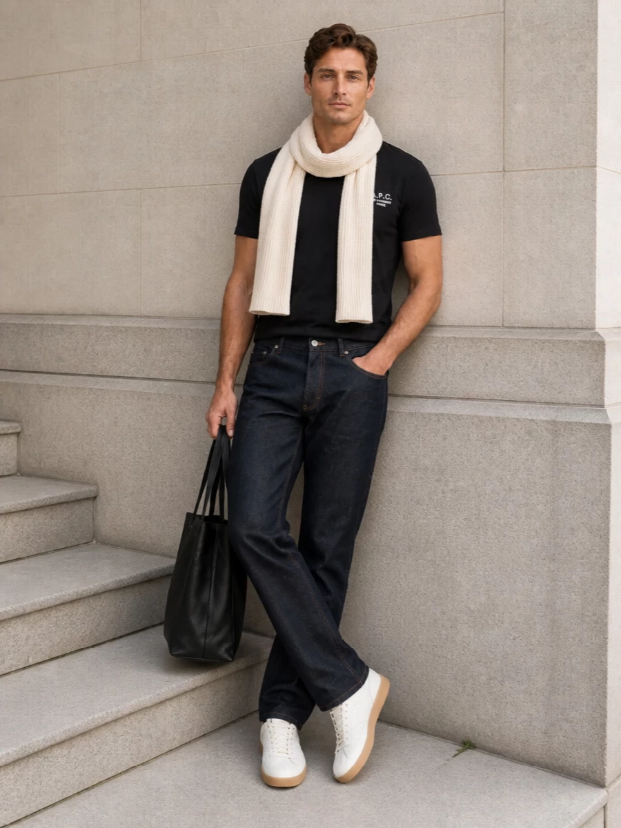 Apc black tshirt dark indigo jeans outfit