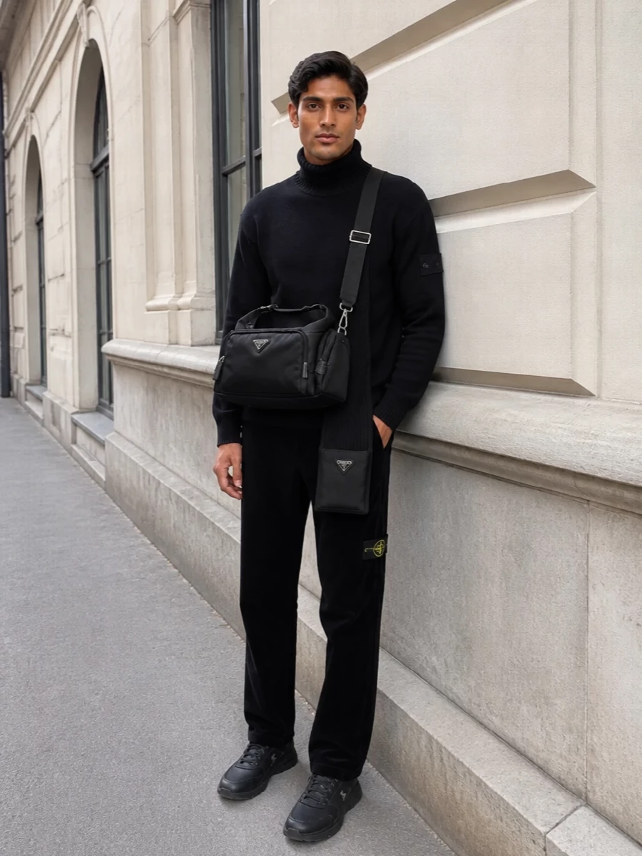 Stone island turtleneck black cords prada sneakers