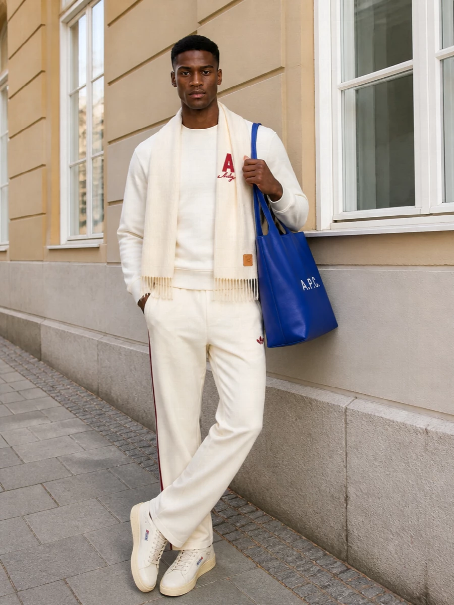 Autry cream sweatshirt adidas track pants outfit