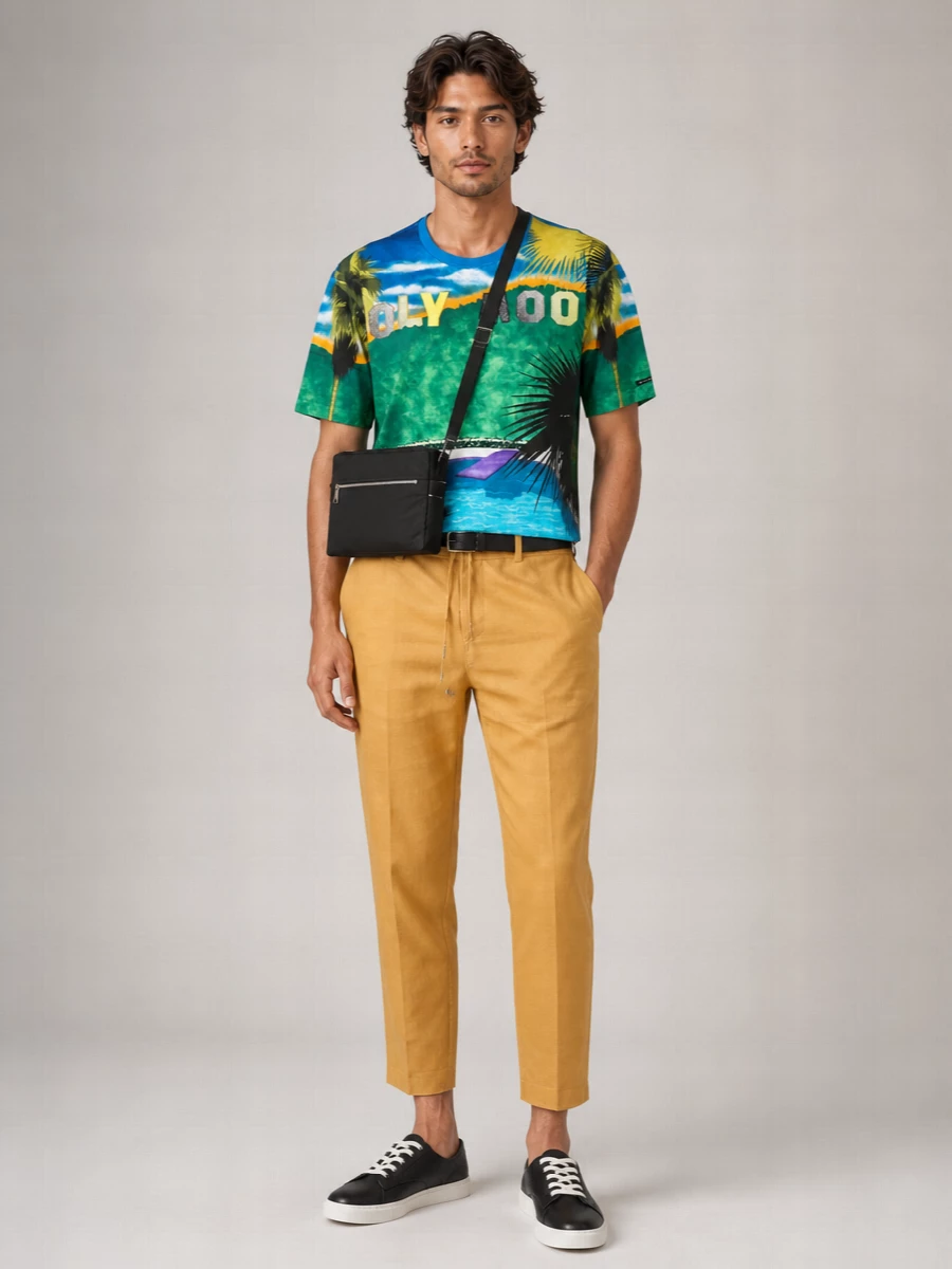 Etro’s tropical tee turns the mustard drawstring trouser into a curated, destination-ready statement, with the vivid blue and green playing cleanly against warm camel. Prada’s pared-back sneakers and a discreet Bottega crossbody keep the energy easy and luxurious while black accents quietly frame the colour. A slim black belt finishes the outfit with just enough structure to feel considered, not formal.