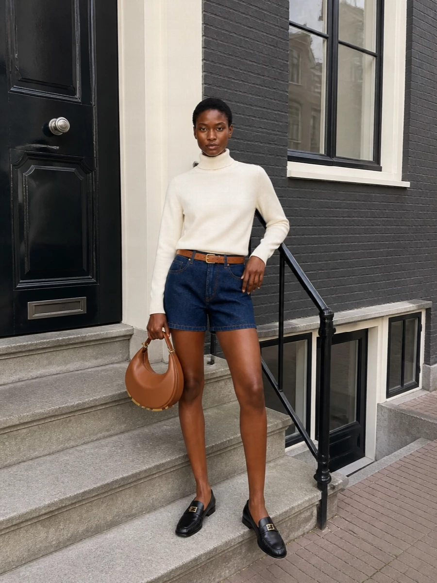 Fendi denim shorts ivory knit loafers