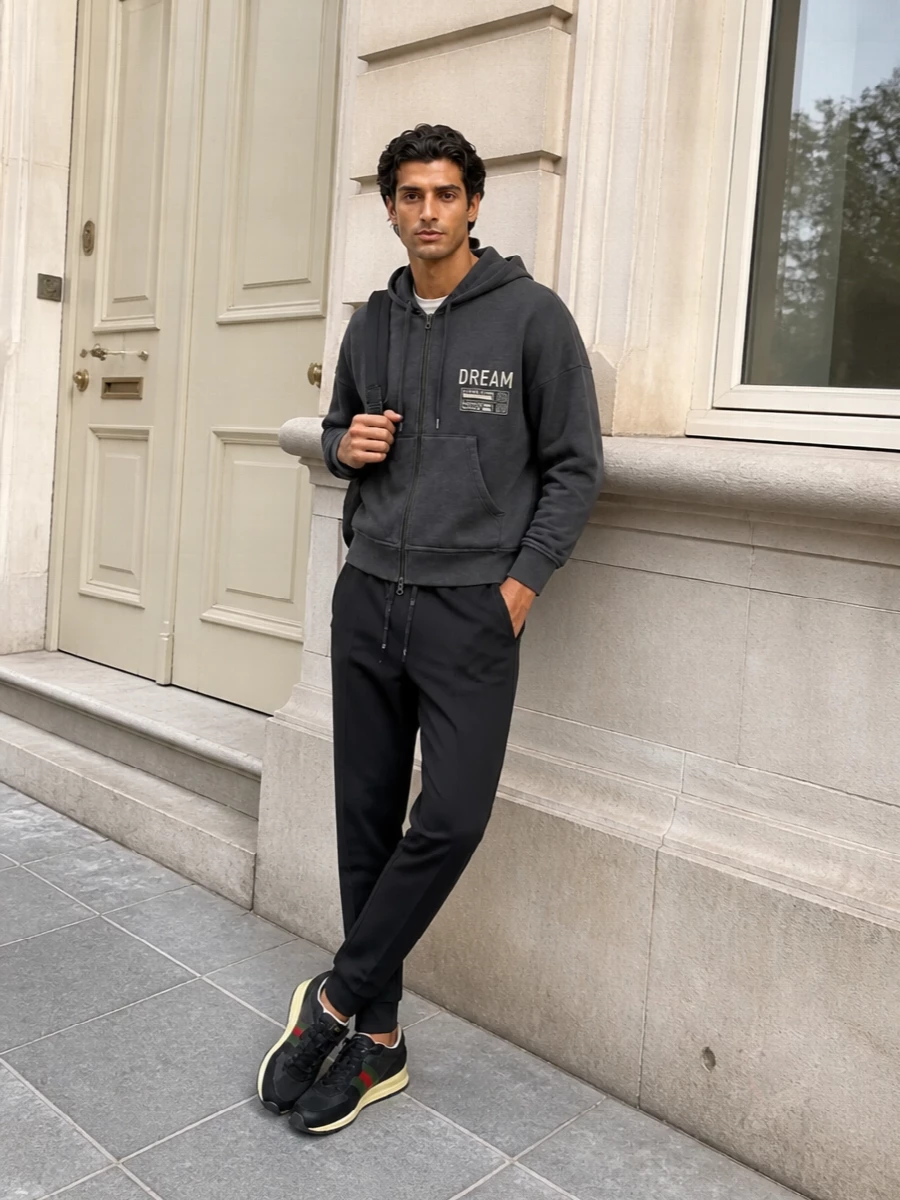 Charcoal and black keep this sport-street pairing tight, letting the hoodie’s graphic hit be the only contrast. Tapered joggers and low-profile runners create a clean, athletic line that feels right for travel or off-duty city days. The streamlined black backpack finishes it with practical utility that stays in the same low-key, logo-conscious lane.