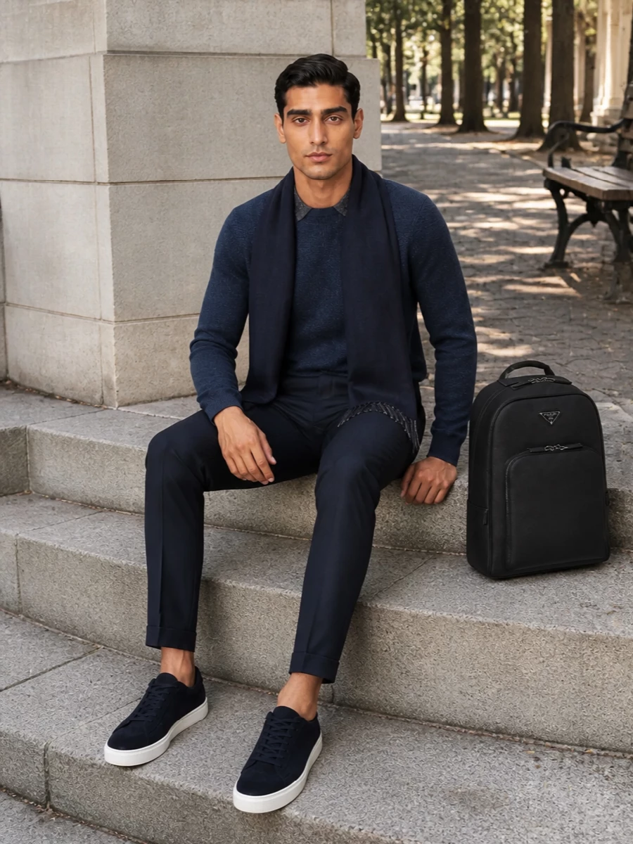 Paul smith navy sweater tailored trousers outfit