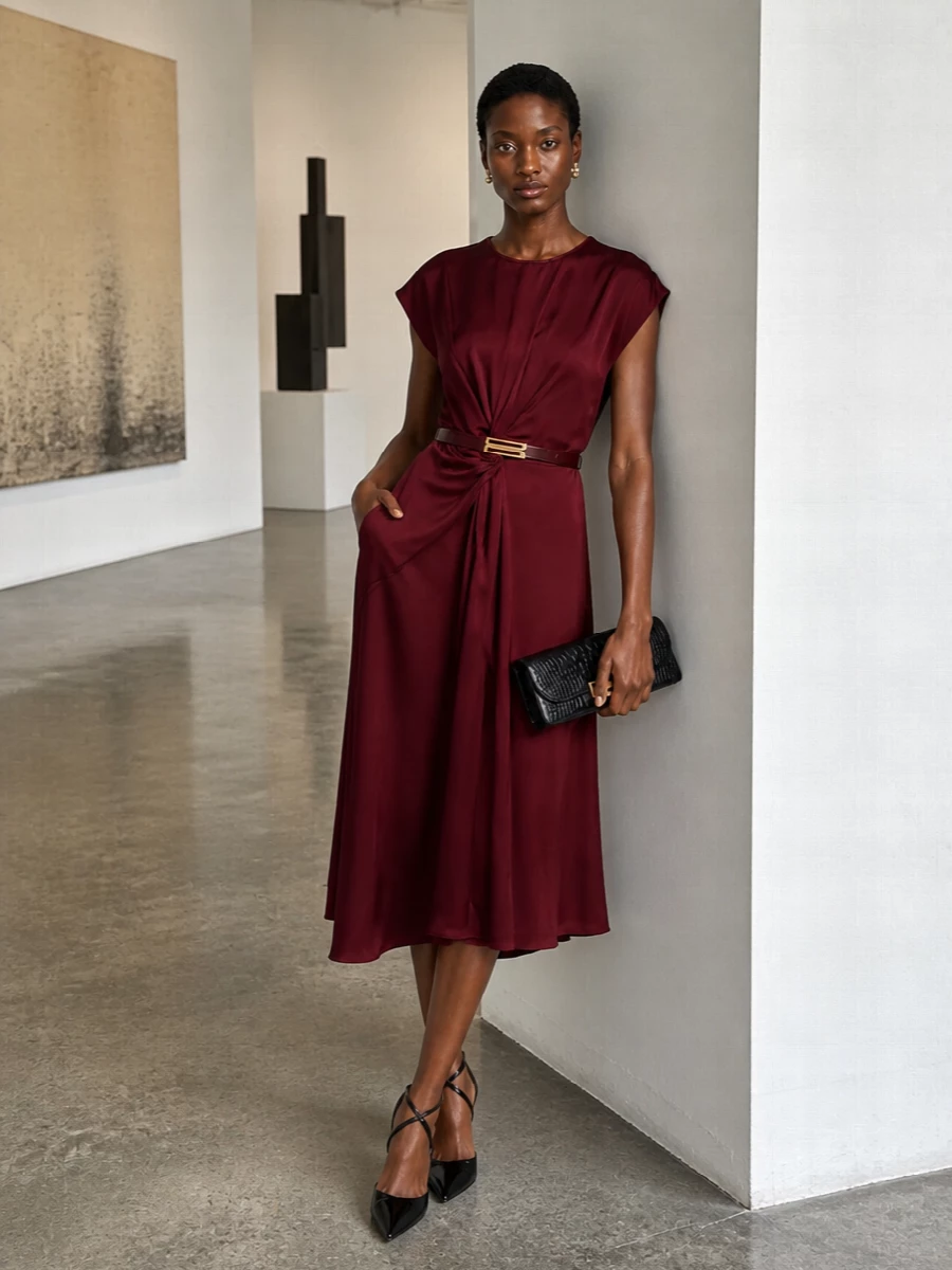 Victoria beckham burgundy midi dress black heels