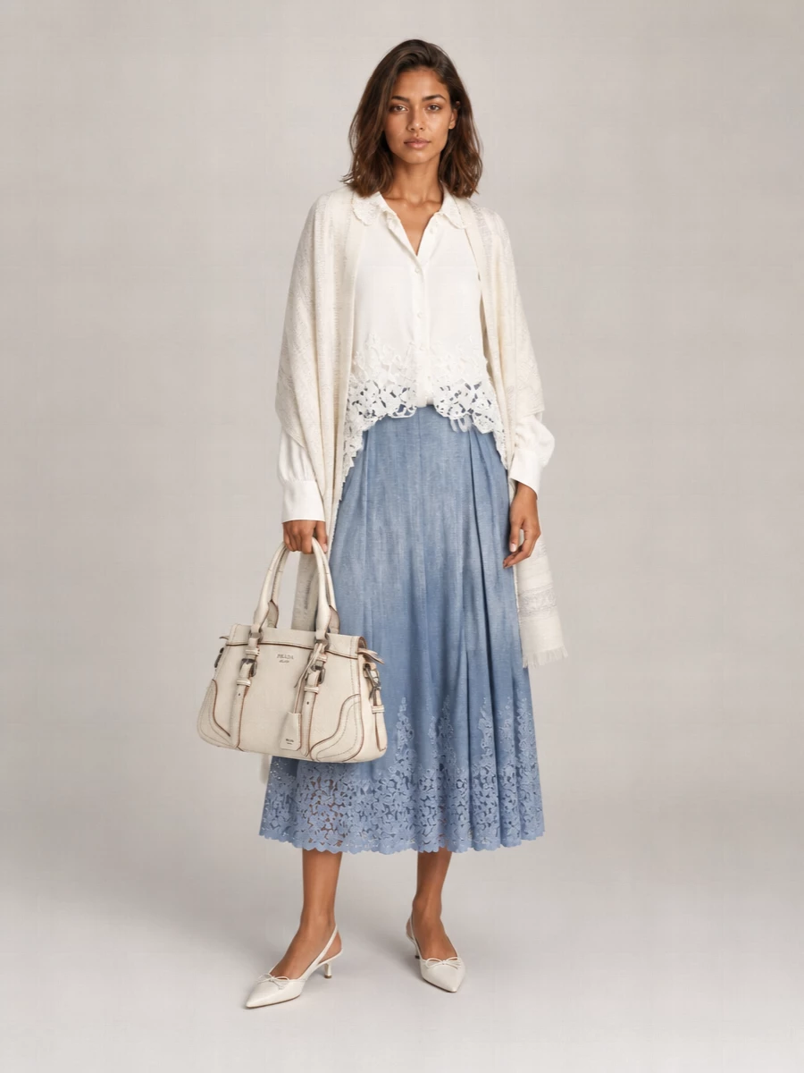 Ermanno Scervino Viscose Lace-Trimmed Pleated Panelled A-Line Midi Skirt