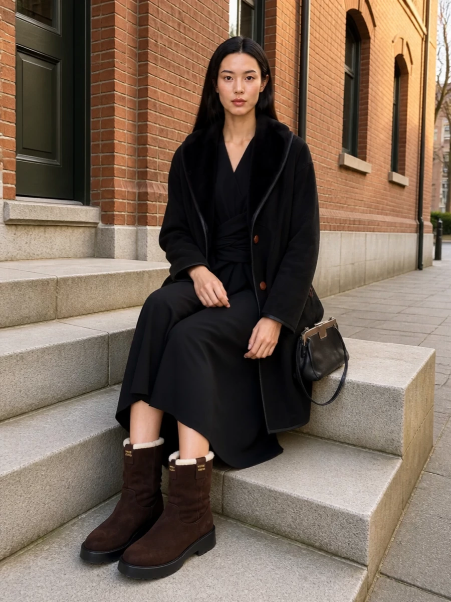 Brunello cucinelli wrap dress shearling coat