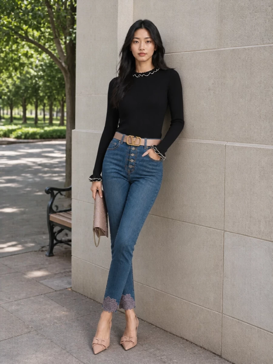 Romantic lace-trim denim meets a slim black knit and blush accessories for a quietly polished take on day-to-dinner dressing. The high-rise jean is framed by a defined waist and pointed slingbacks, keeping the lines long and feminine. Powder-blush hardware and soft gold details pull the palette together so the lace hem remains the focal point.