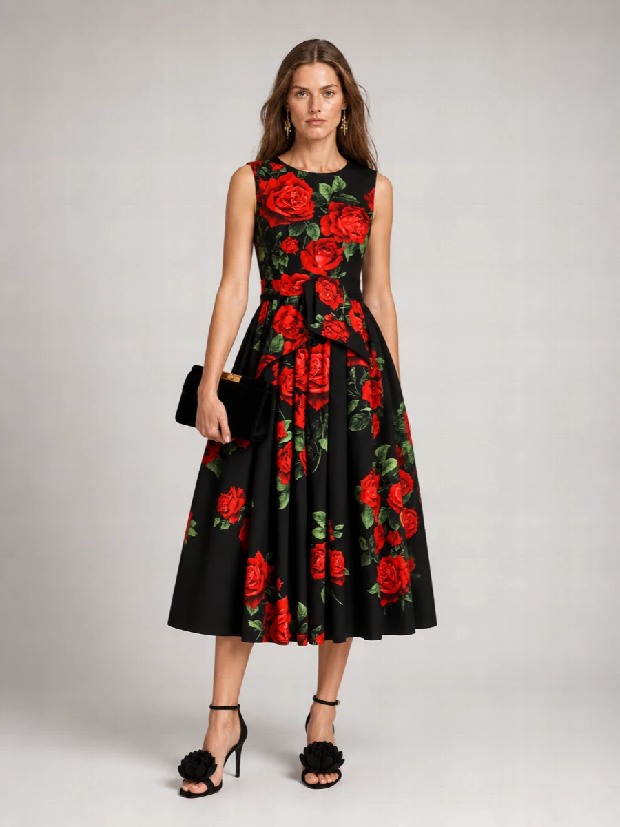 Dolce&Gabbana cotton sleeveless boat neck floral print midi dress