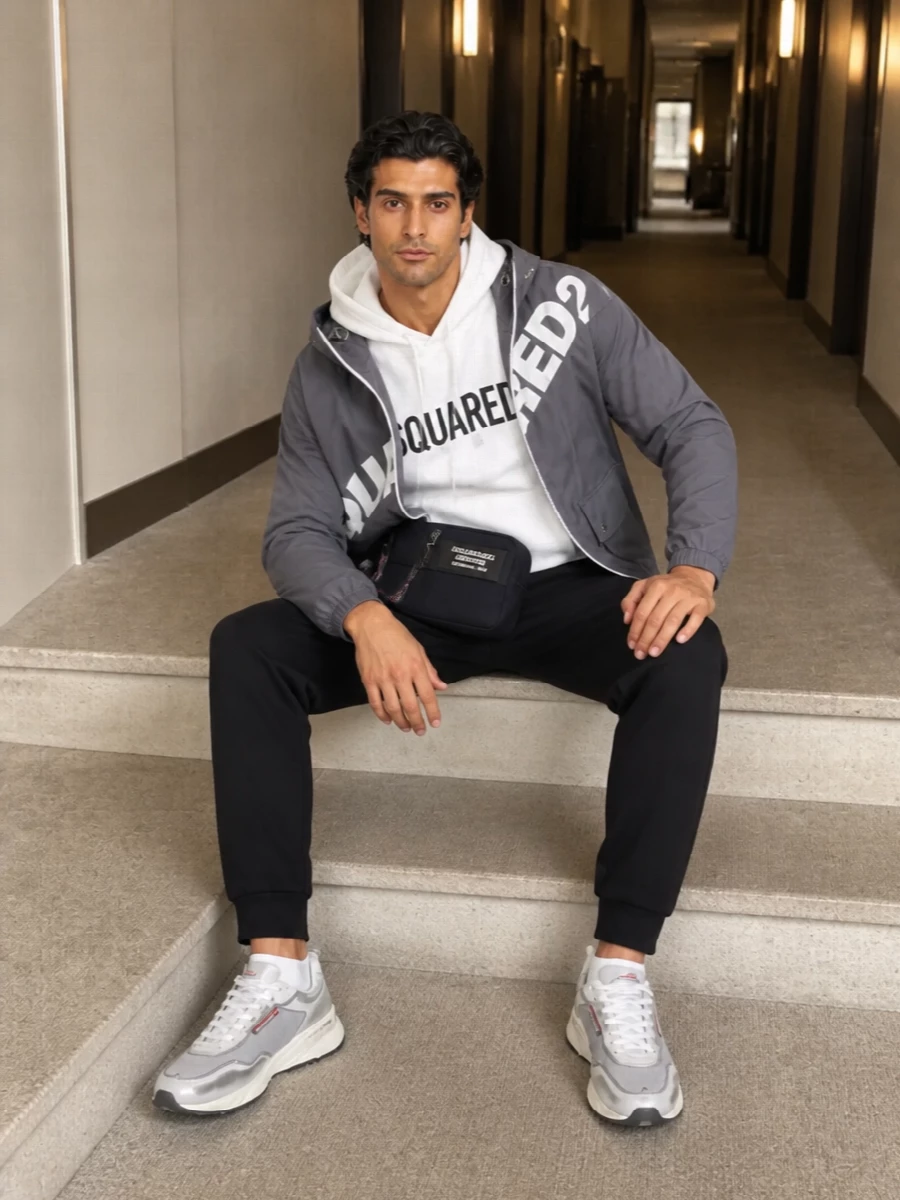 Dsquared2 grey jacket joggers sneakers outfit