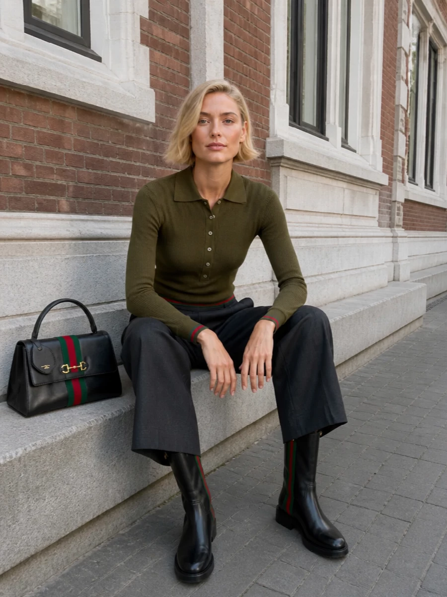 Gucci knee high boots charcoal trousers outfit