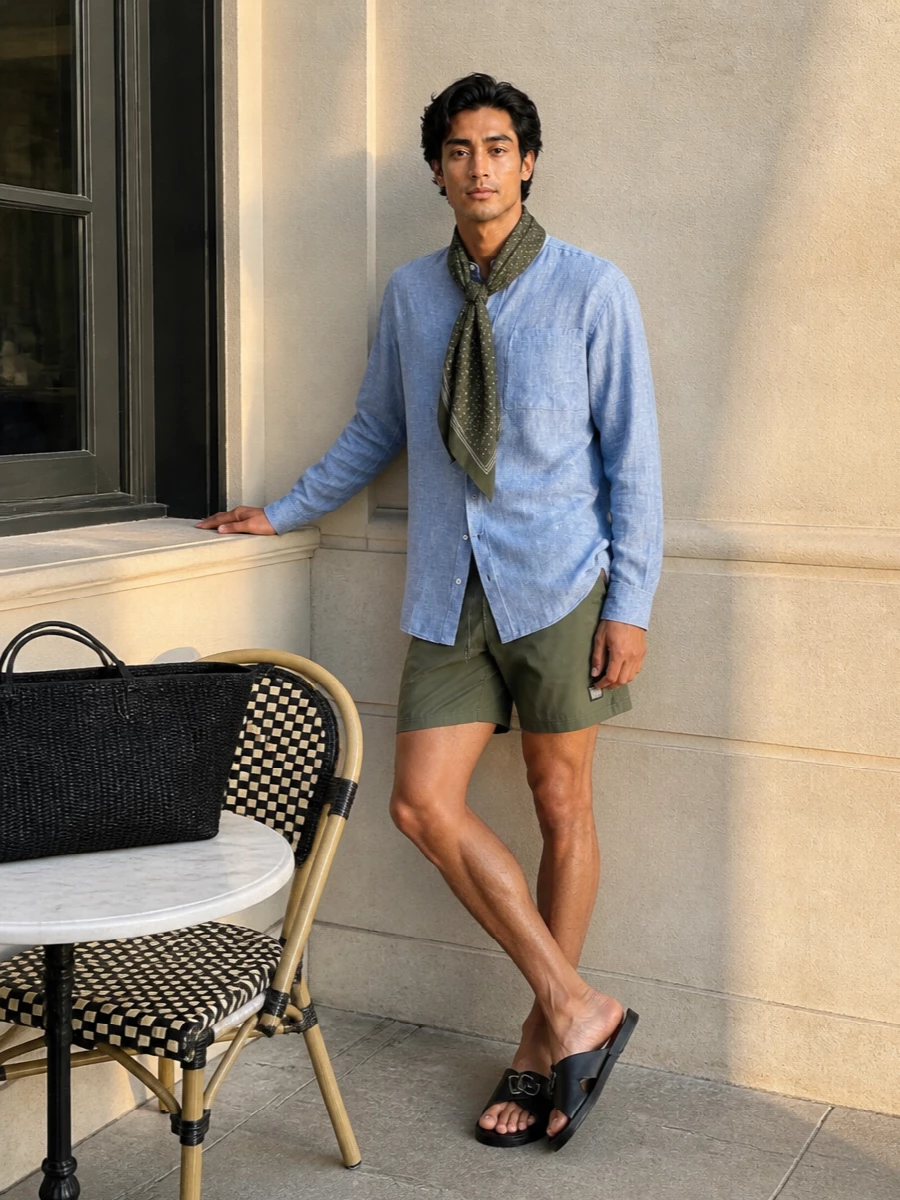 Dolce gabbana swim shorts chambray shirt outfit
