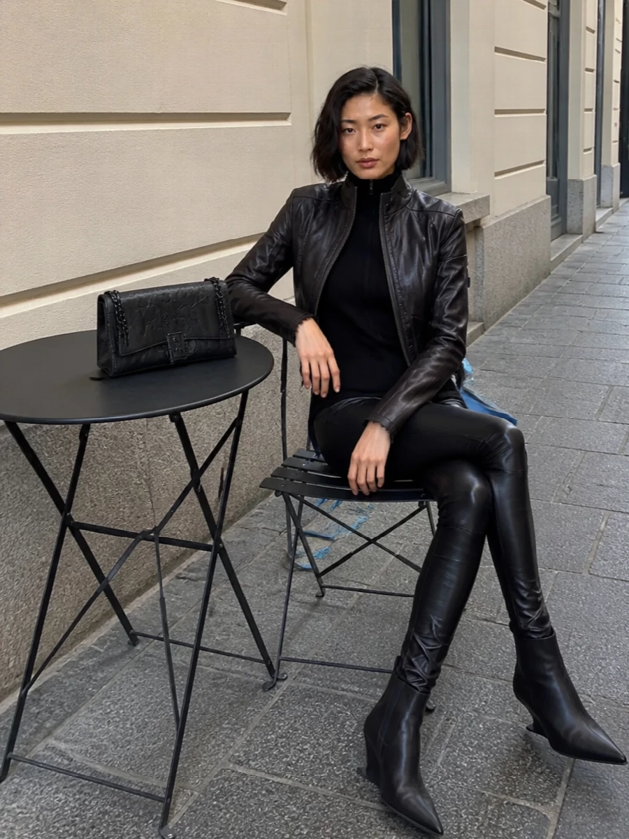 Rick owens leather jacket skinny pants outfit
