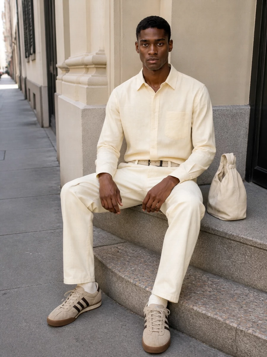 Stussy cream chinos sefr shirt adidas sneakers