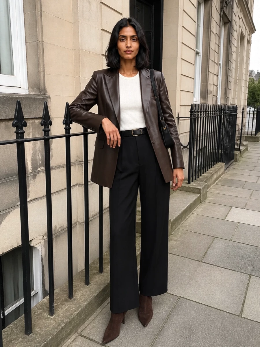 Saint laurent leather blazer black wide leg trousers