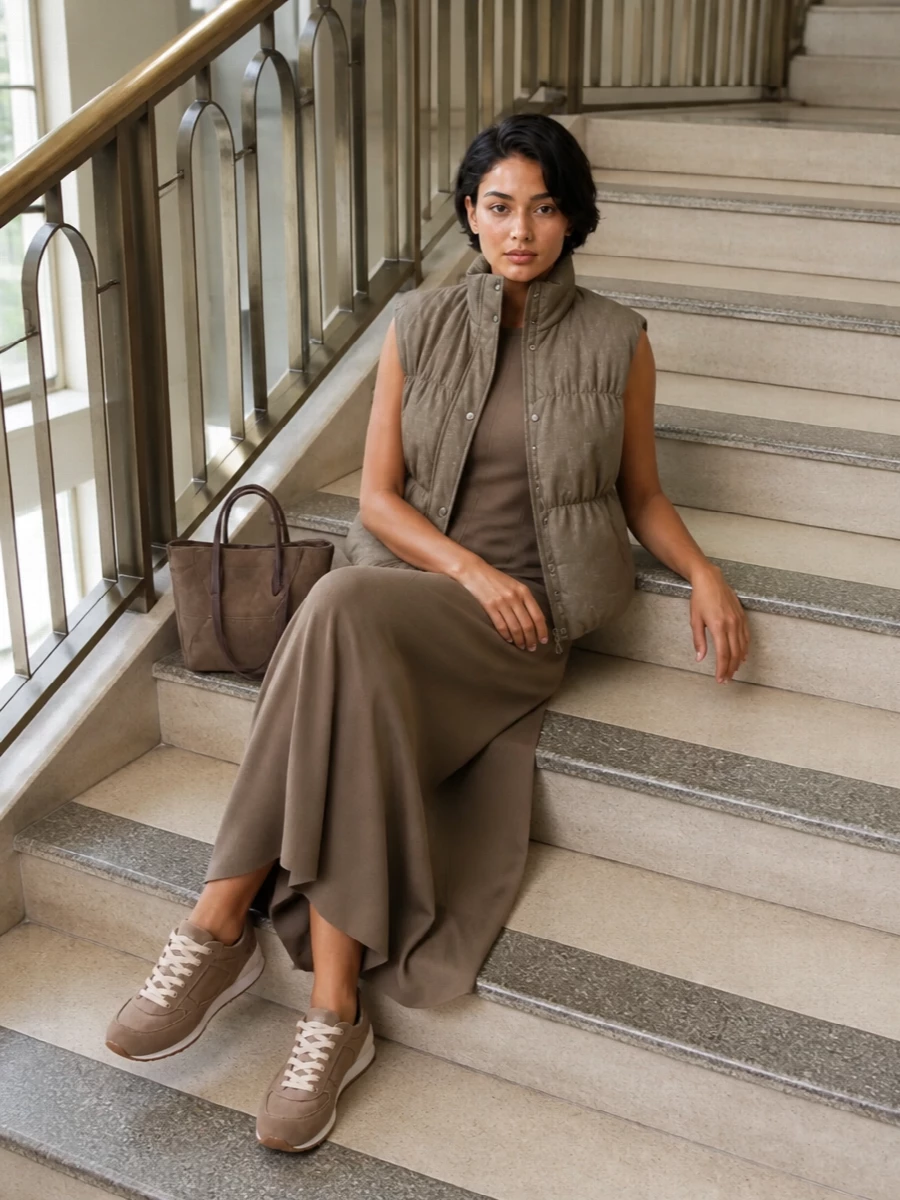 Brunello cucinelli taupe maxi dress vest outfit