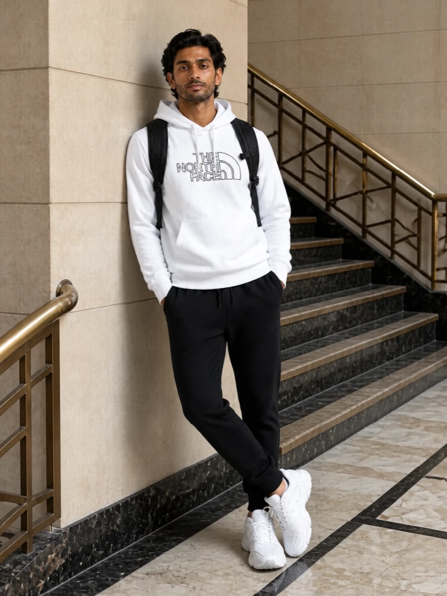 The north face white hoodie black joggers outfit
