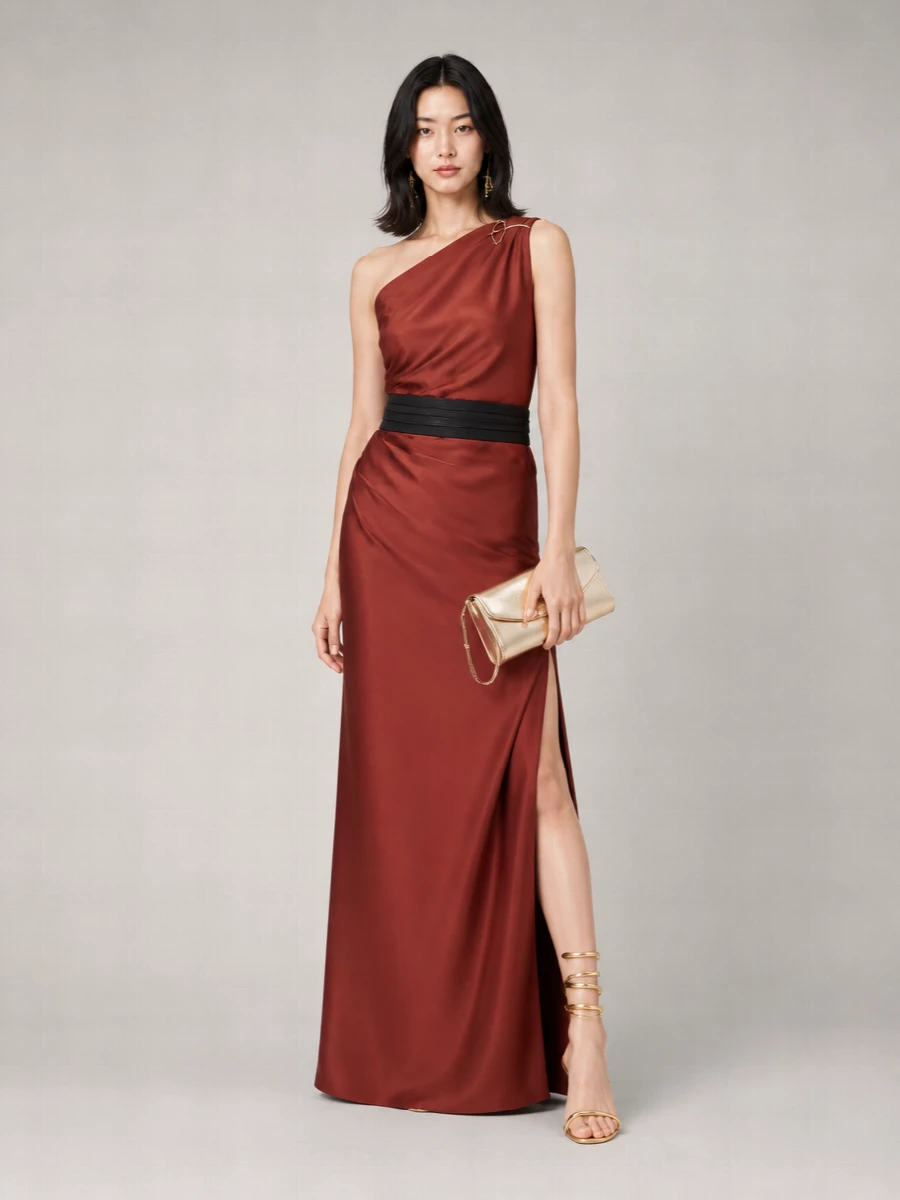 Max Mara satin asymmetric one-shoulder draped maxi dress