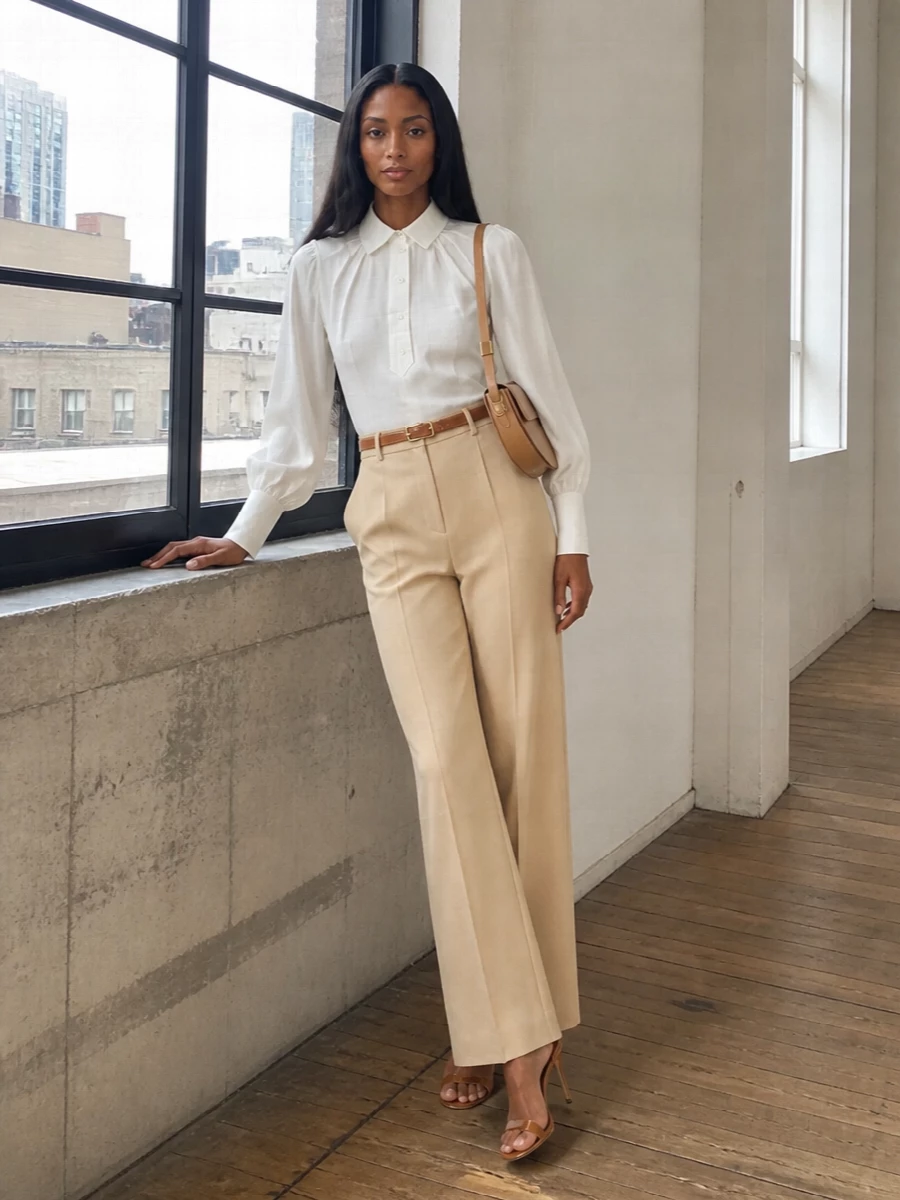 Patou camel trousers ivory blouse heels