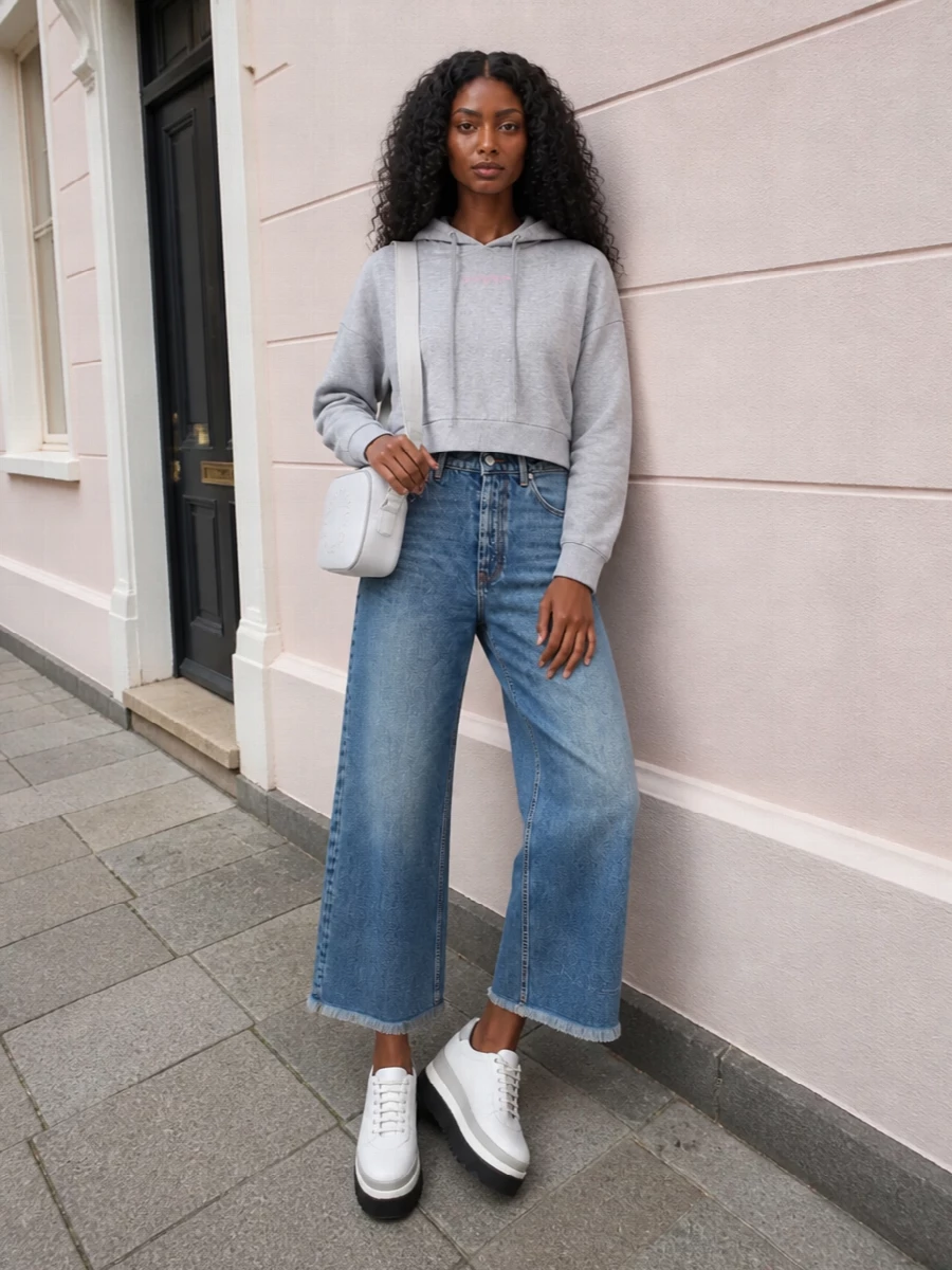 Stella mccartney hoodie wide leg jeans platform sneakers