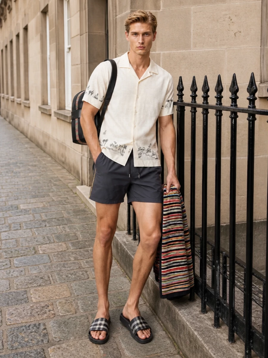 Charcoal swim shorts meet a soft cream camp shirt for a clean, relaxed take on poolside preppy. Burberry slides keep the mood easy yet considered, while the striped Paul Smith backpack ties the story together and handles everything you need from beach to boardwalk.
